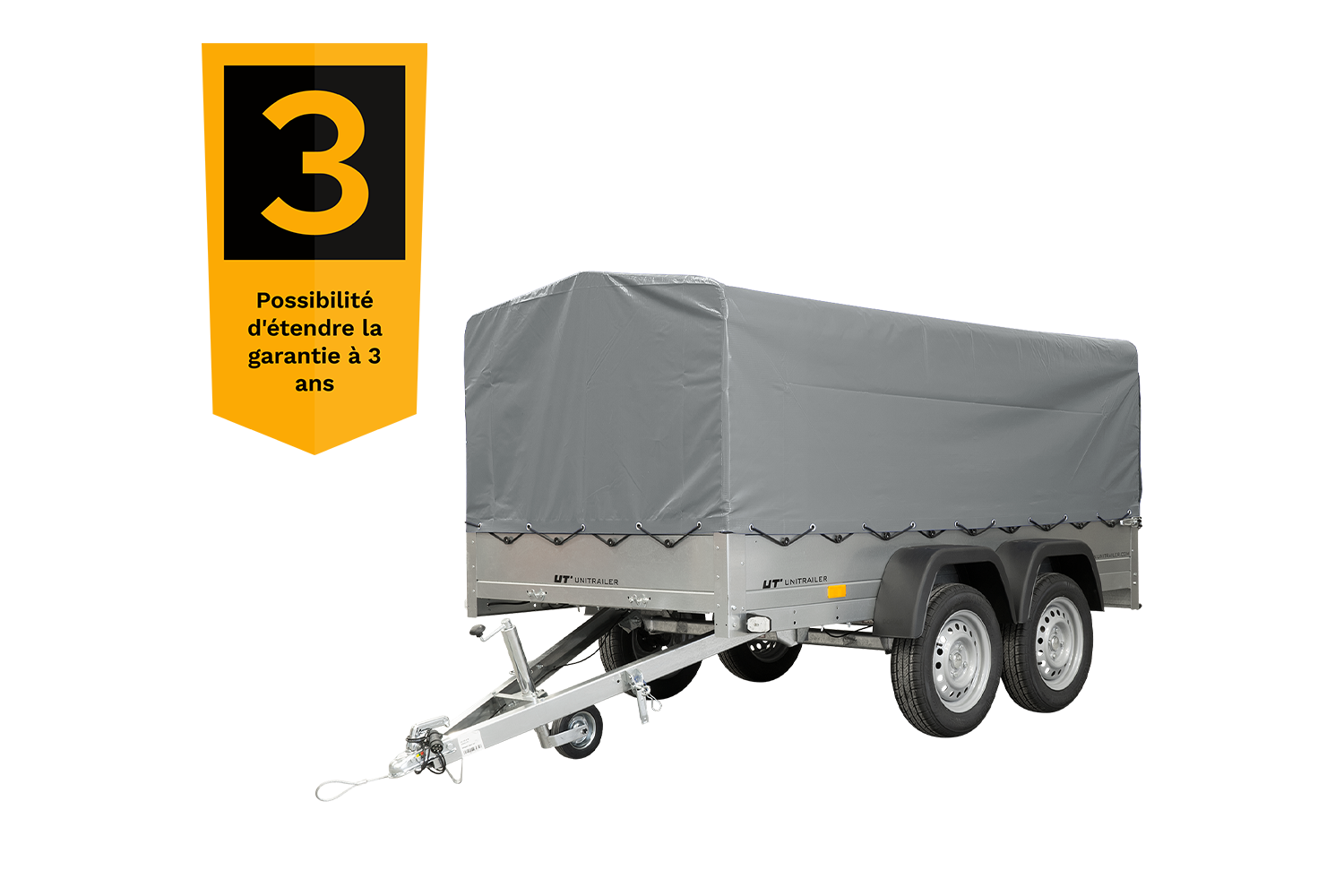 remolque unitrailer 264/2 kipp de doble eje con rueda giratoria, barra antivuelco y lona gris